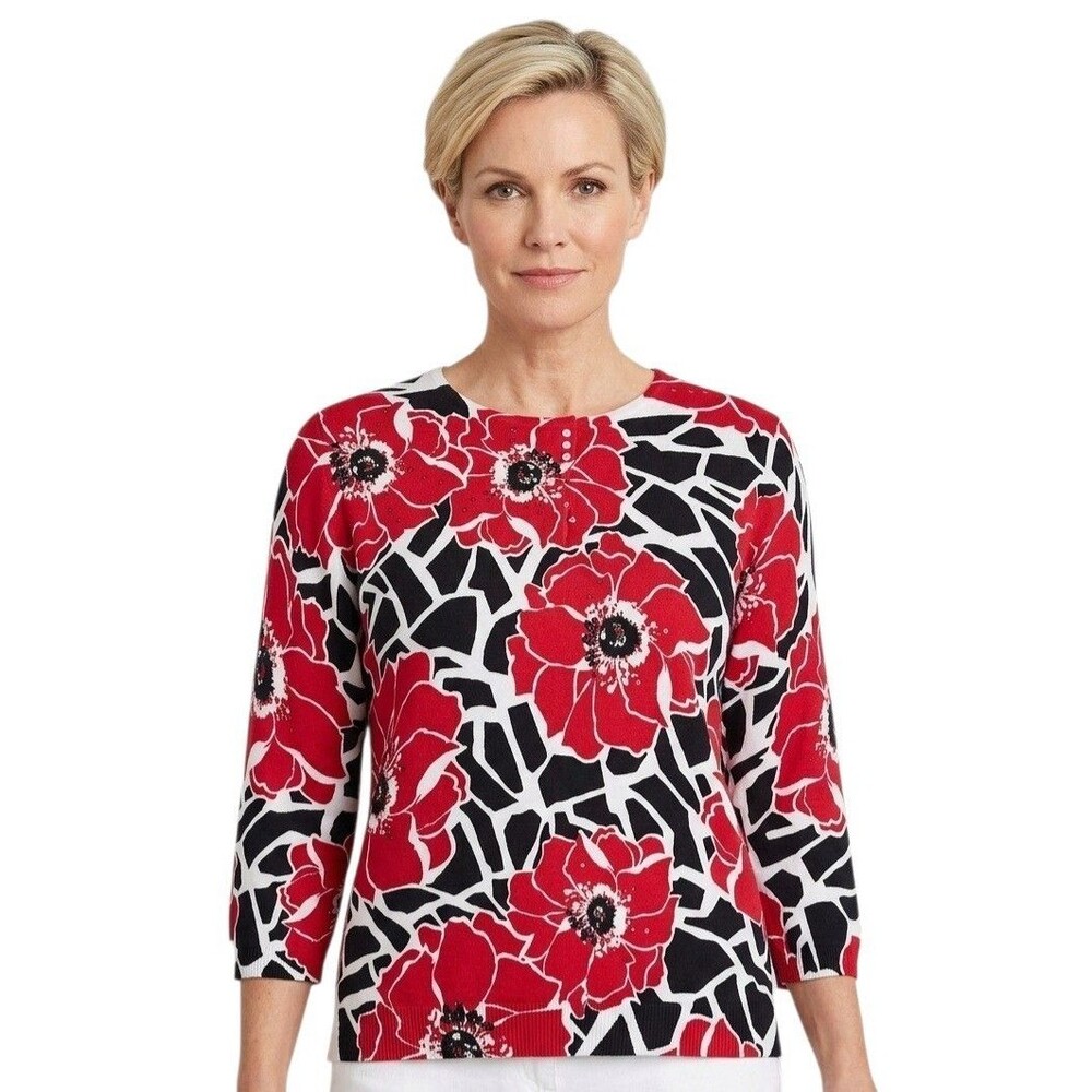 Alfred Dunner Womens Sweater Top L Red Black Floral Sequin Knit 3/4 Slv office